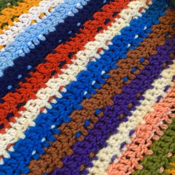 Vintage! Handmade Crochet Stripe Reversible Blanket 63” by 50” - Picture 7 of 11